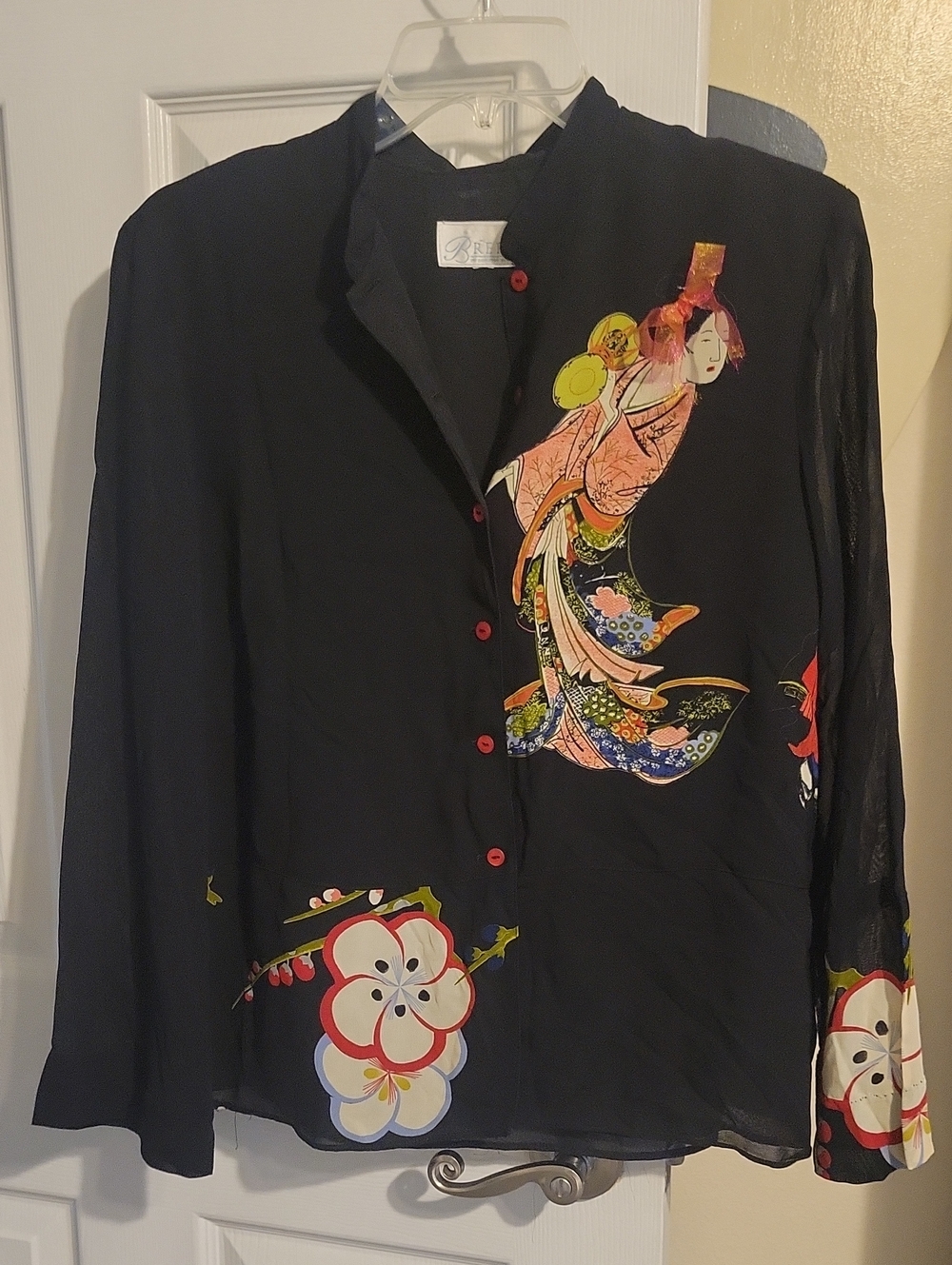 Breeze by Dorothy Schoelen Black Floral Geisha-Print Button-Down Shirt